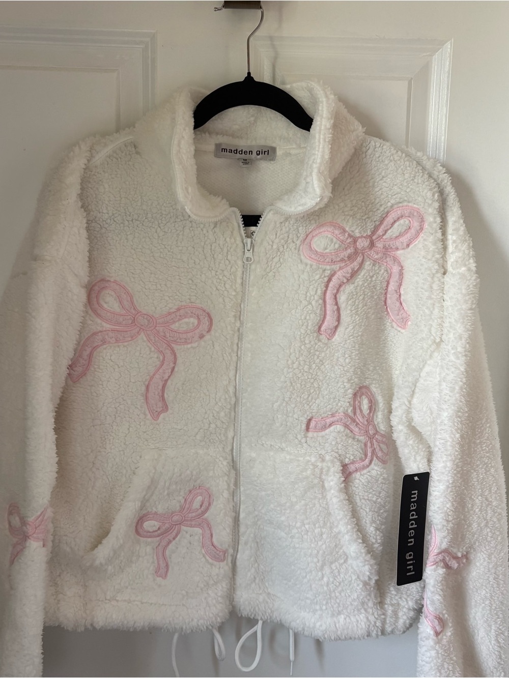 MADDEN GIRL cute cozy zip front fleece off white pink bows M NWT